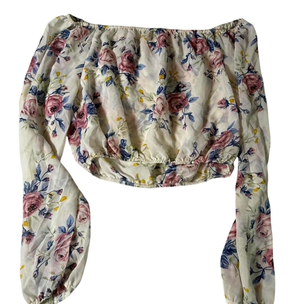 Chocolate USA Floral Off Shoulder Crop Top Long Sleeve Size M